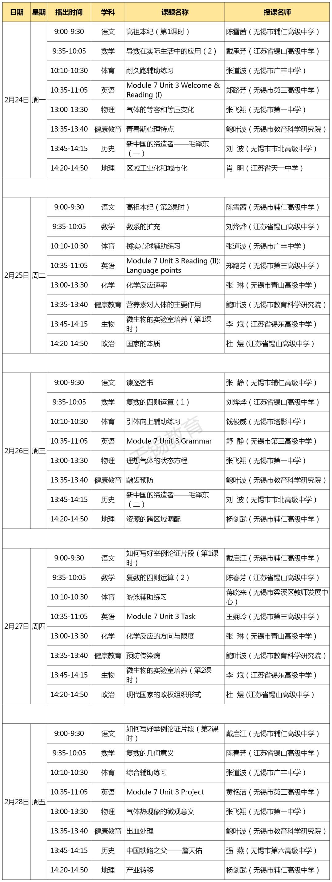 2020无锡“锡慧在线”课程表